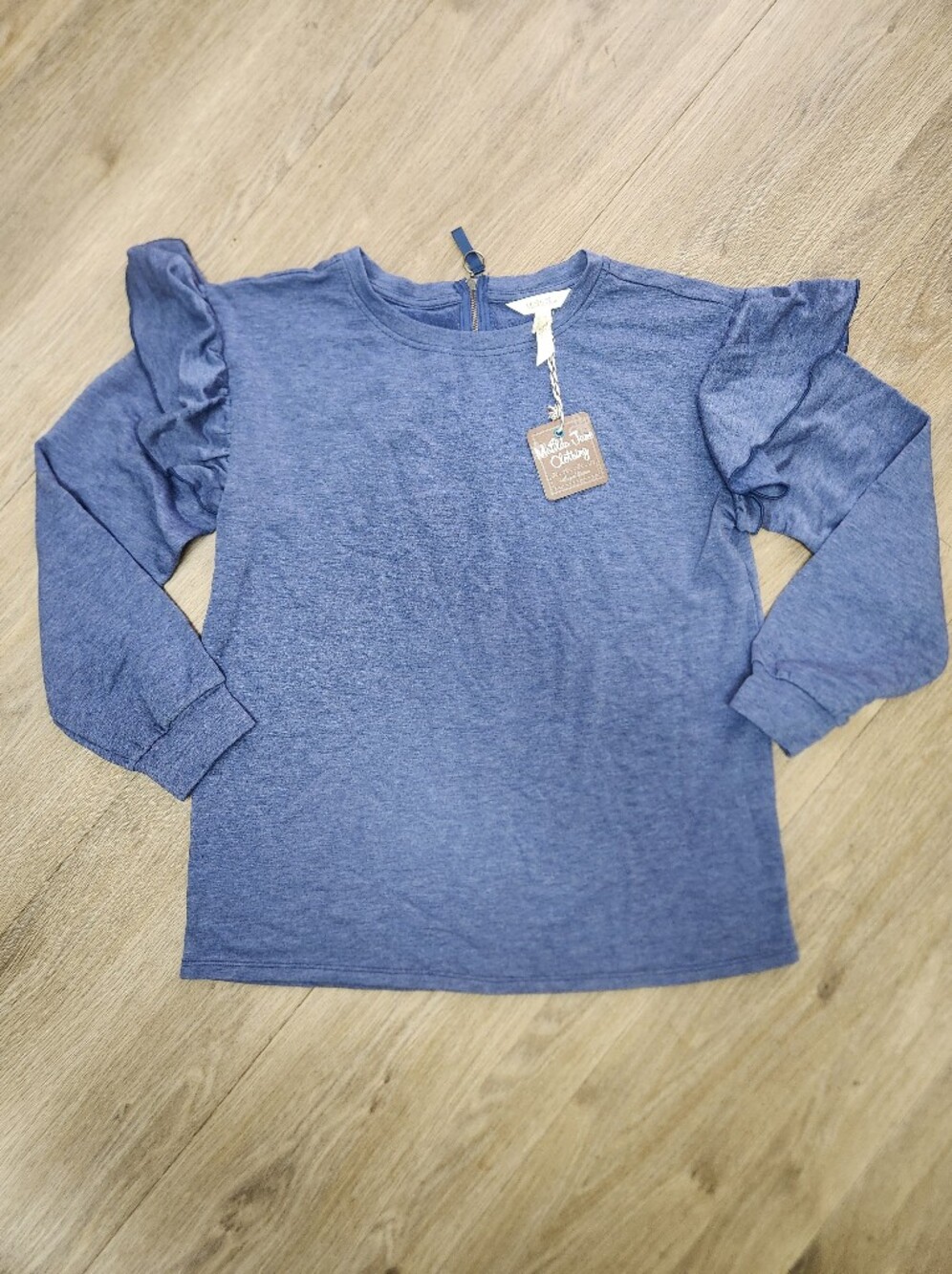 NWT Matilda Jane Blue Chambray Heather Knit Long Sleeve Ruffle Puff Shoulder Top